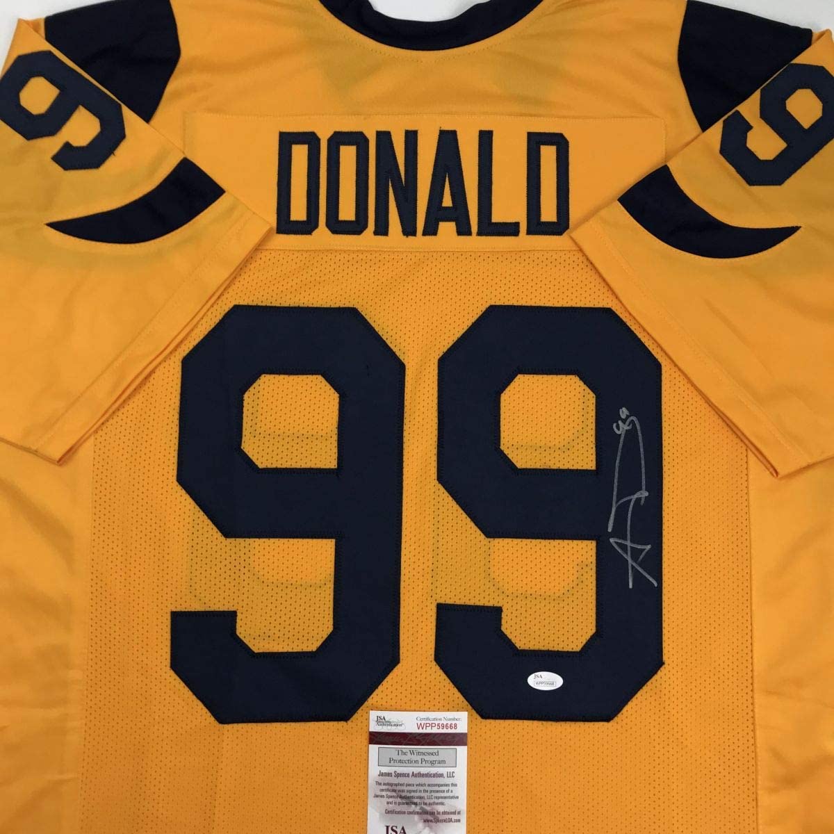 Autographed/Signed Aaron Donald Los Angeles LA Yellow Color Rush Football Jersey JSA COA