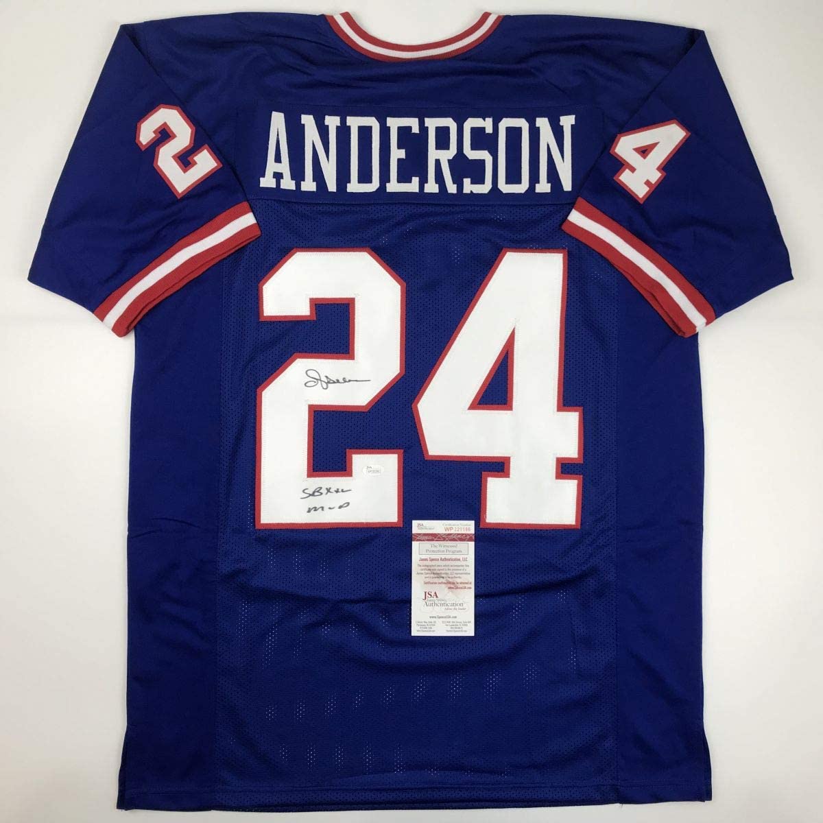 Autographed/Signed Ottis Anderson SB XXV MVP New York Blue Football Jersey JSA COA