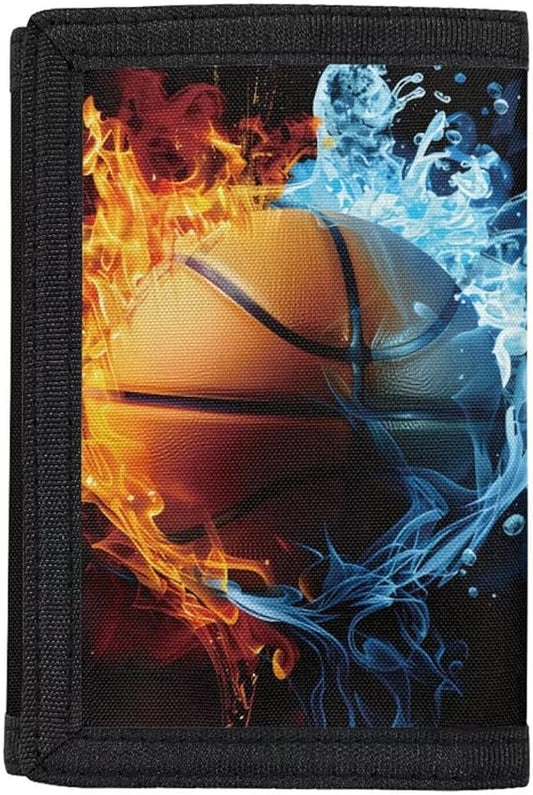 GIFTPUZZ Fire Basketball Small Wallet for Boys Sport Tri-folded Wallet Cash Pocket Card Holder Coin Purse Organizer Handbag Money Bag