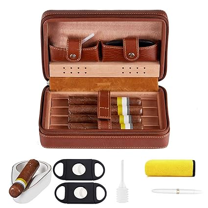Cigar Humidors, Portable Humidor for Travel and Men's Presents, Cedar Wood Brown Leather Cigar Accessories with 6 Set´__Cigar Cutter*2, Ashtray, Cleaning Pen, Towel´__