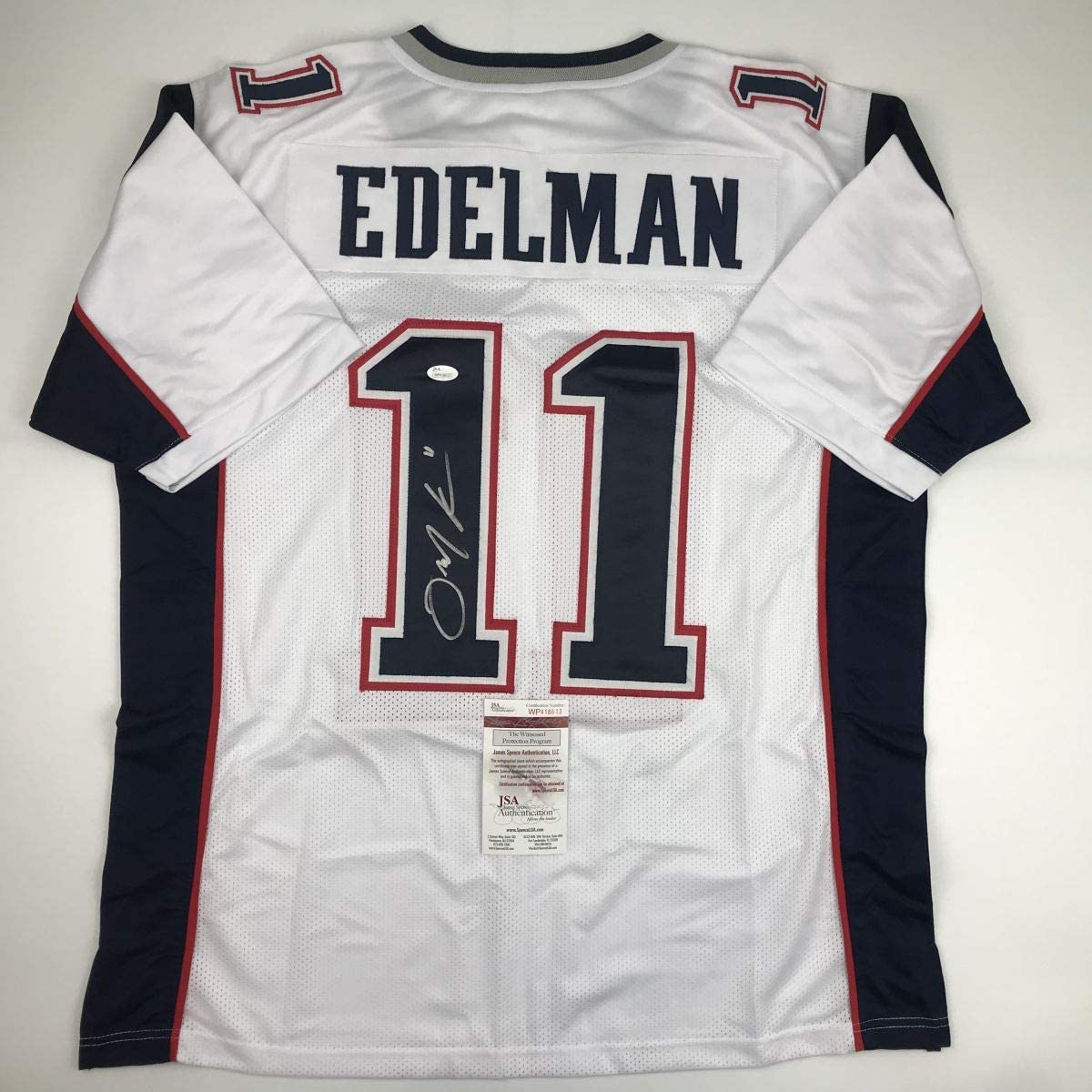 Autographed/Signed Julian Edelman New England White Football Jersey JSA COA