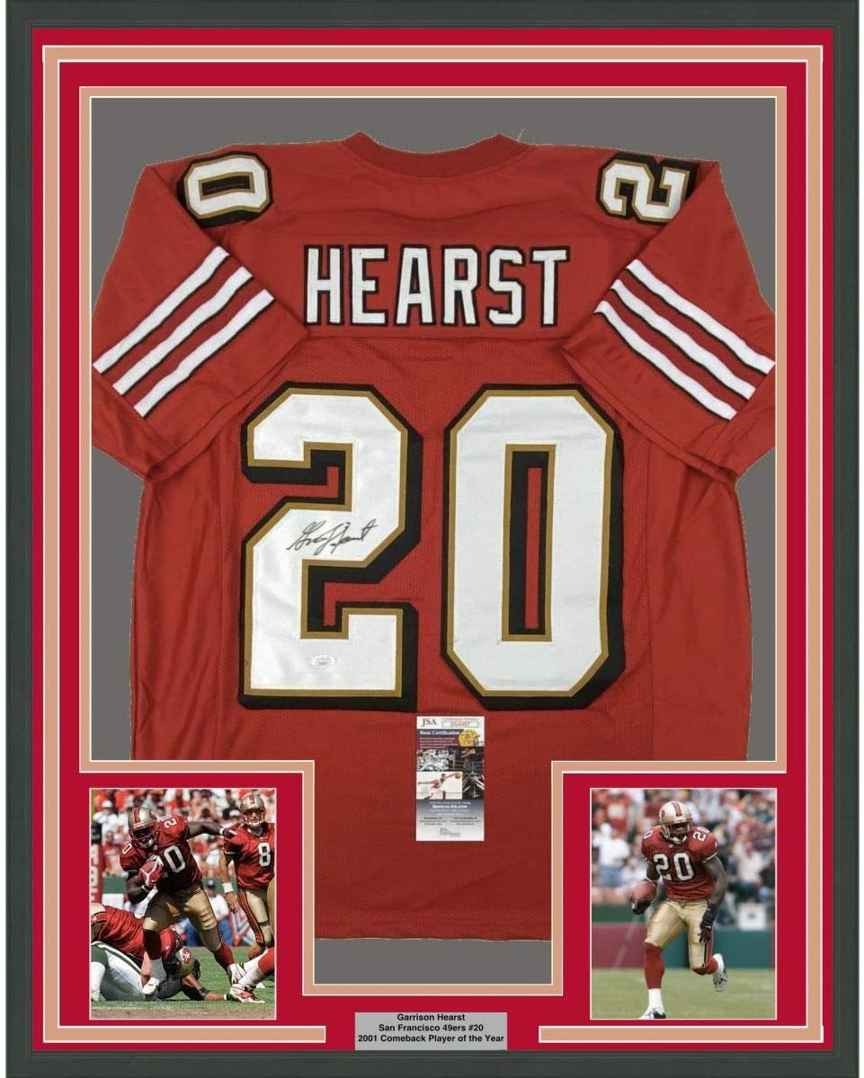 Framed Autographed/Signed Garrison Hearst 35x39 San Francisco Red Football Jersey JSA COA