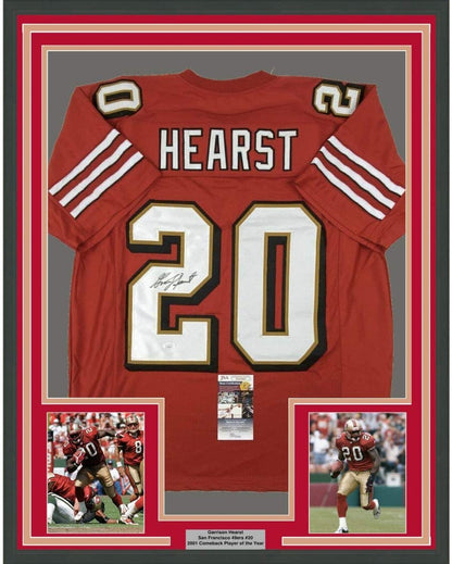Framed Autographed/Signed Garrison Hearst 35x39 San Francisco Red Football Jersey JSA COA