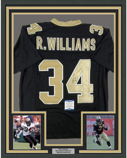 Framed Autographed/Signed Ricky Williams 35x39 New Orleans Black Football Jersey Beckett BAS COA