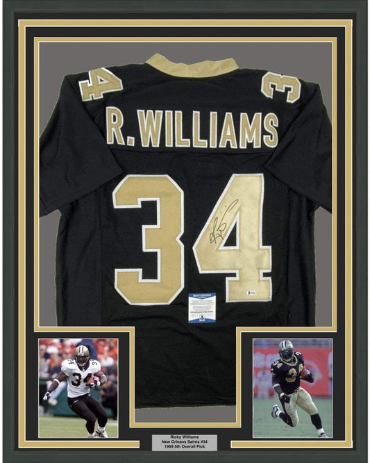 Framed Autographed/Signed Ricky Williams 35x39 New Orleans Black Football Jersey Beckett BAS COA