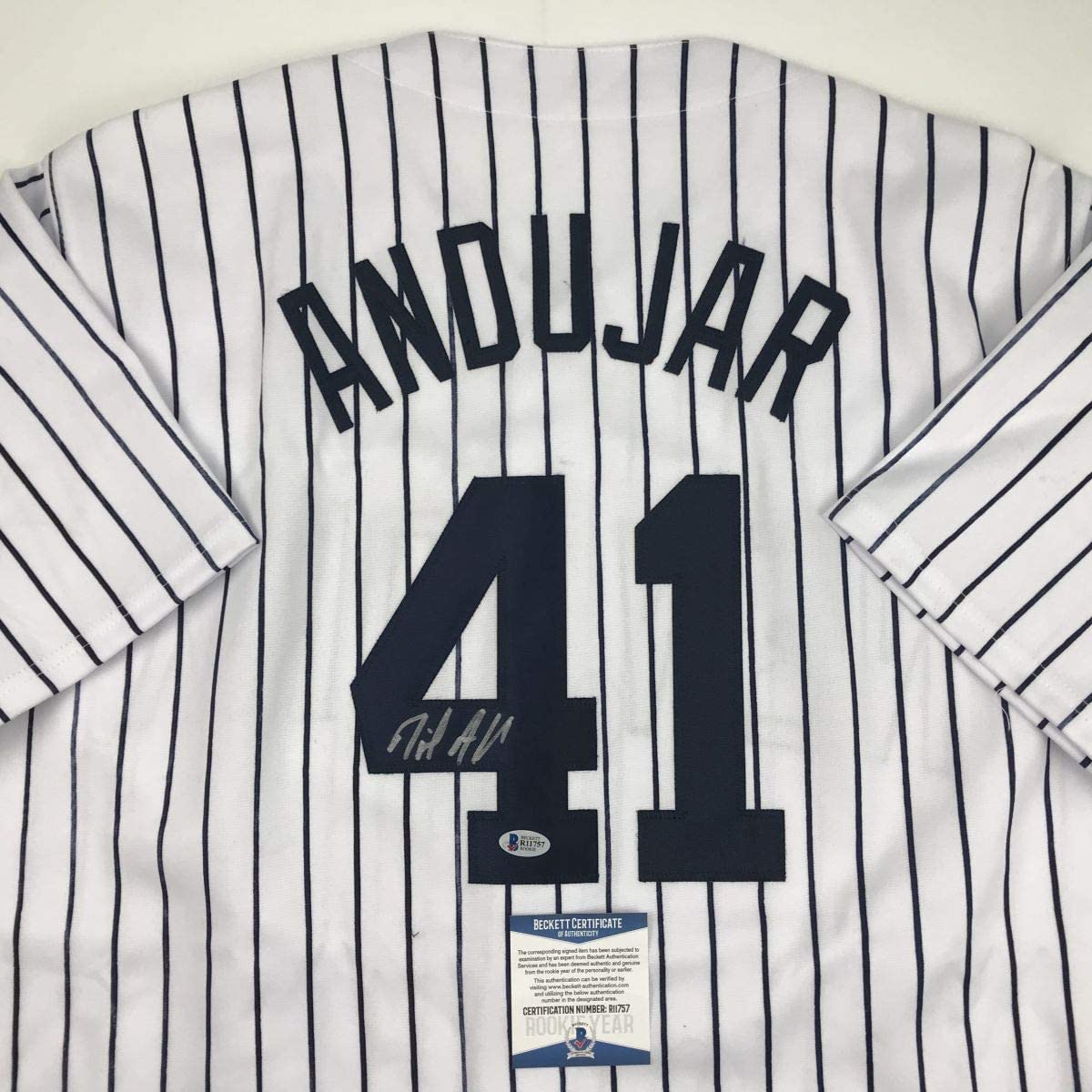 Autographed/Signed Miguel Andujar New York Pinstripe Baseball Jersey Beckett BAS COA