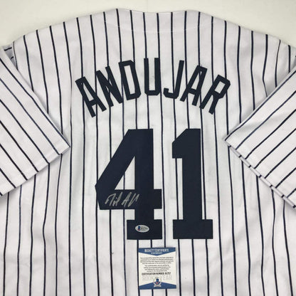 Autographed/Signed Miguel Andujar New York Pinstripe Baseball Jersey Beckett BAS COA