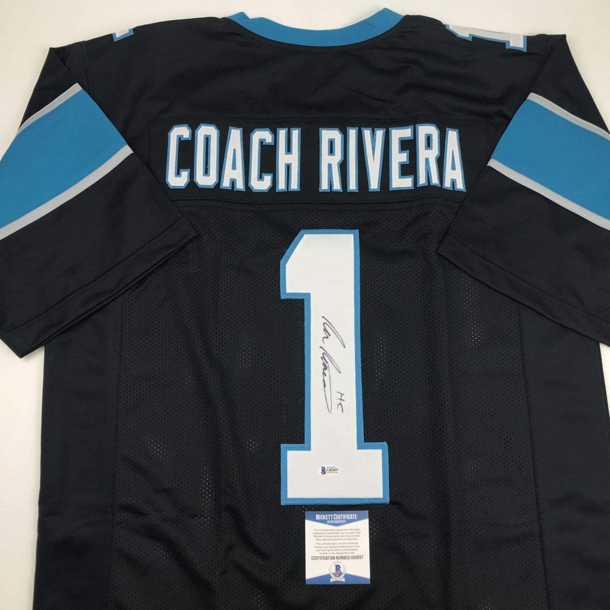 Autographed/Signed Ron Rivera Carolina Black Football Jersey Beckett BAS COA