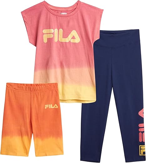 Fila Girls' Active Leggings Set - 3 Piece Performance T-Shirt, Yoga Pants, and Bike Shorts - Activewear Set for Girls (S-XL)