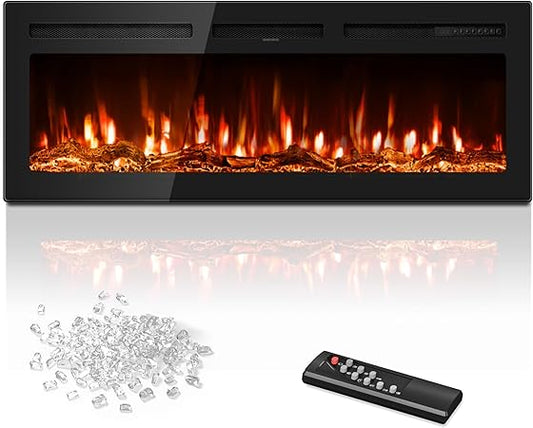 50 inch Electric Fireplace in-Wall Recessed and Wall Mounted with Remote Control, 1500/750W Fireplace Heater (60-99‘�F Thermostat) with 12 Adjustable Color, Timer, Log and Crystal