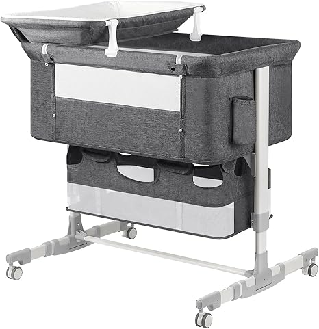 Baby Bassinet Bedside Sleeper with Diaper Changing Station + Mosquito Net + 16gallon Capacity Storage, Adjustable & Portable Bassinet Cosleeping Baby Bed (Grey)