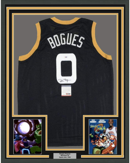 Framed Autographed/Signed Muggsy Bogues 35x39 Space Jam Monstars Black Basketball Jersey PSA/DNA COA