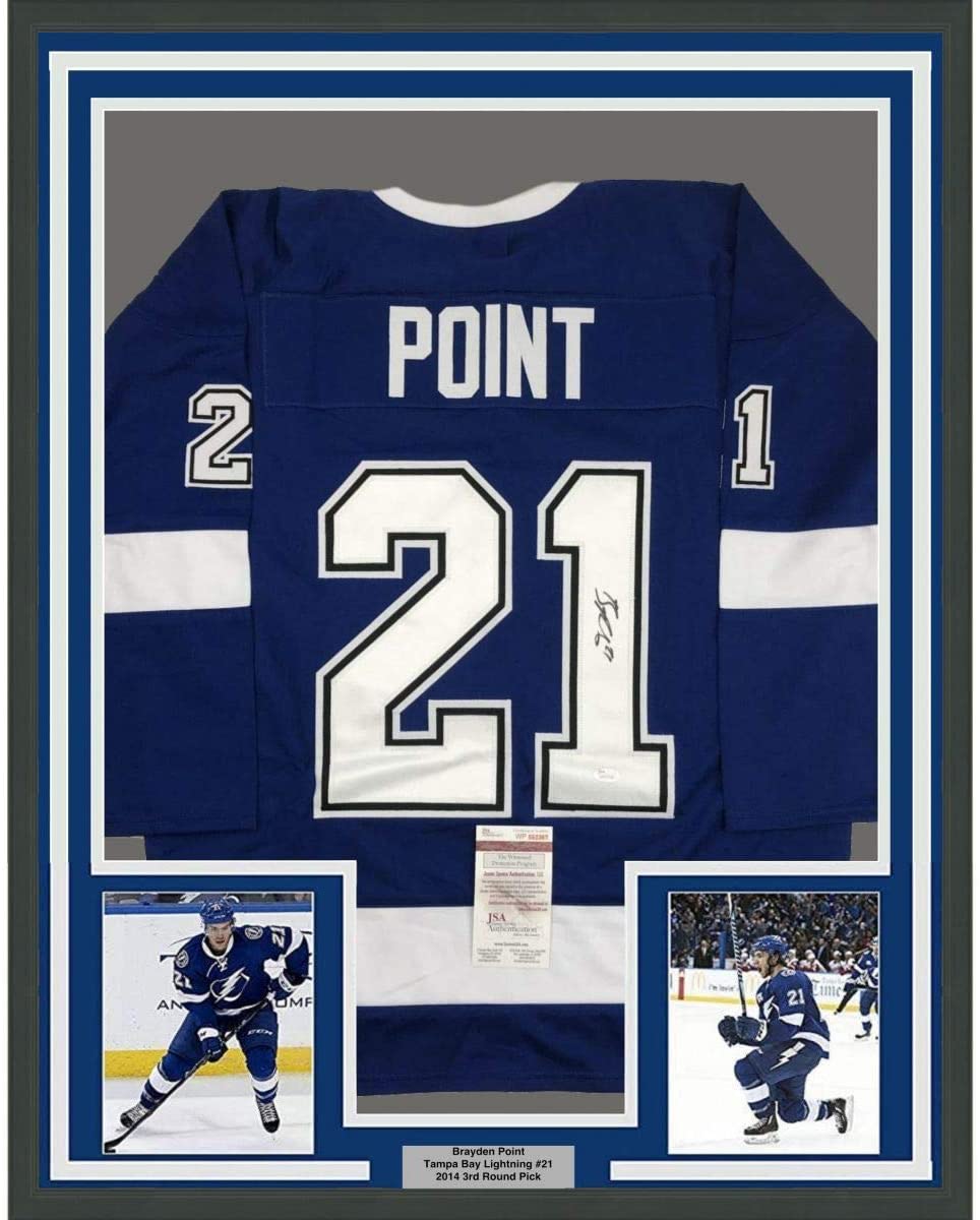 Framed Autographed/Signed Brayden Point 35x39 Tampa Bay Blue Hockey Jersey JSA COA