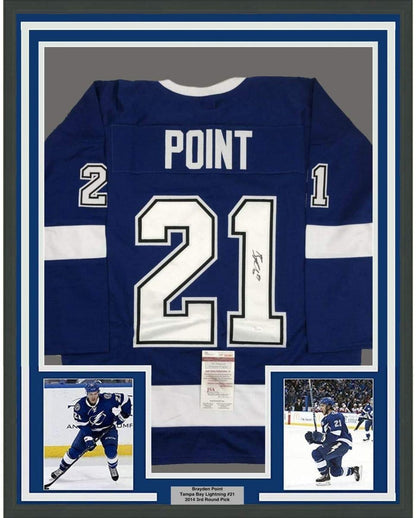 Framed Autographed/Signed Brayden Point 35x39 Tampa Bay Blue Hockey Jersey JSA COA