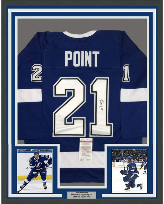 Framed Autographed/Signed Brayden Point 35x39 Tampa Bay Blue Hockey Jersey JSA COA
