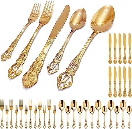 40Pcs Retro Flatware Set for 8 Gold Silverware Stainless Steel Cutlery Set Luxury Anti-Rust Kitchen Utensil Tableware Dish Set Includes Forks, Spoons, Knives for Wedding, Birthday Parties (Gold)