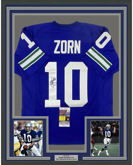 Framed Autographed/Signed Jim Zorn 35x39 Seattle Blue Football Jersey JSA COA