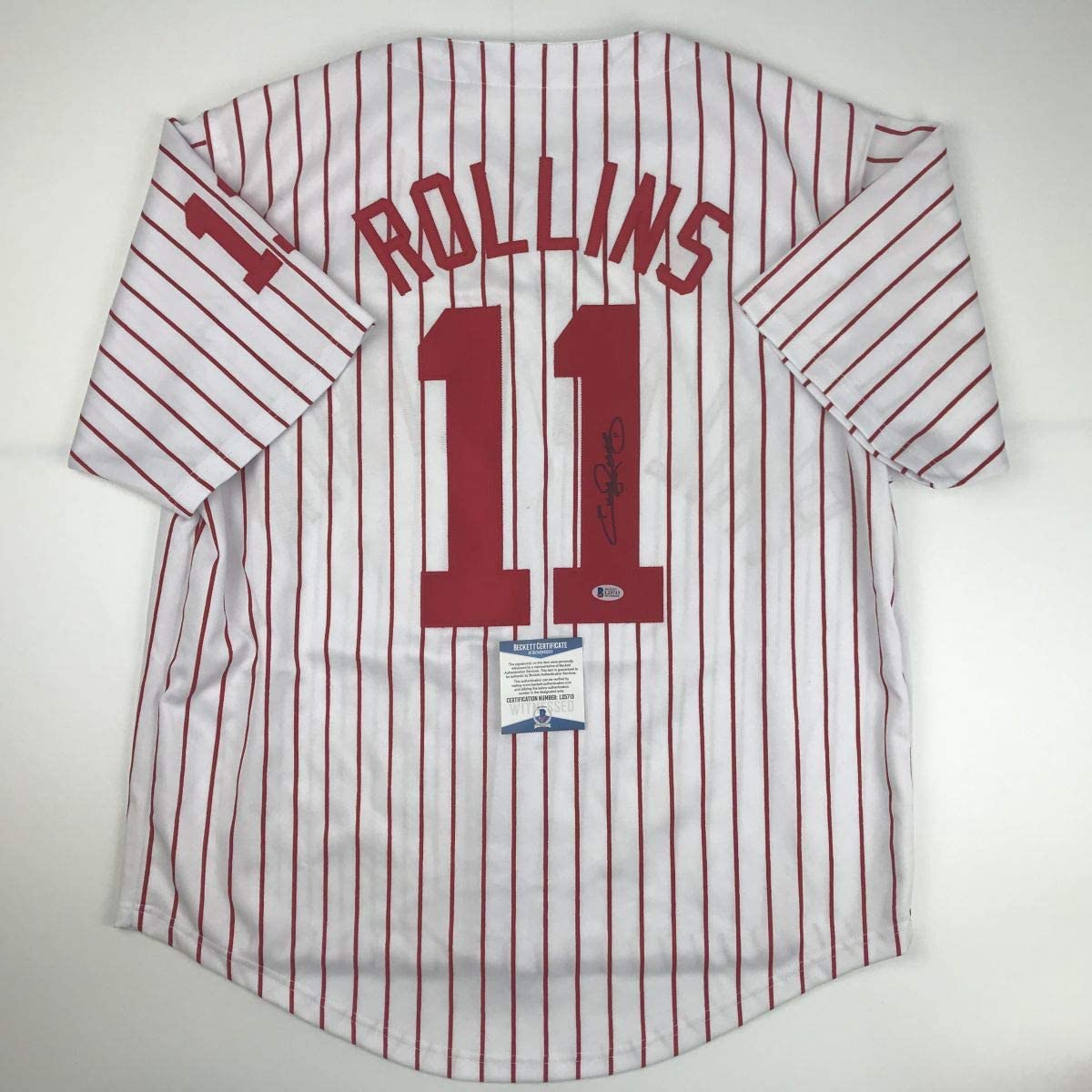 Autographed/Signed Jimmy Rollins Philadelphia Pinstripe Baseball Jersey Beckett BAS COA