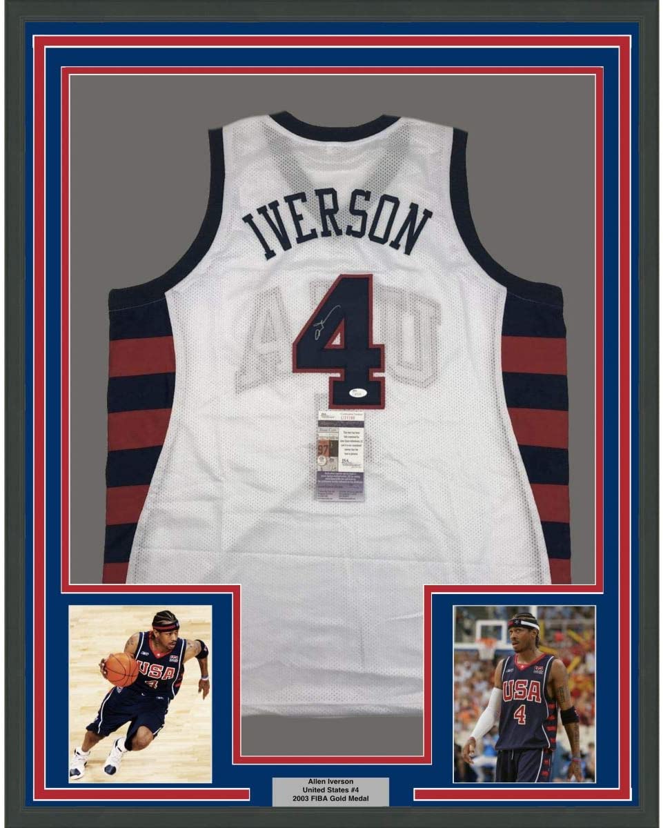Framed Autographed/Signed Allen Iverson 35x39 United States USA White Olympics Basketball Jersey JSA COA
