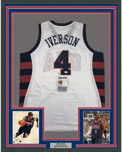 Framed Autographed/Signed Allen Iverson 35x39 United States USA White Olympics Basketball Jersey JSA COA