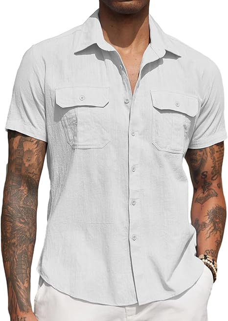 COOFANDY Men's Cotton Linen Short Sleeve Shirts Casual Button Down Shirt Beach Summer Tops with 2 Pockets