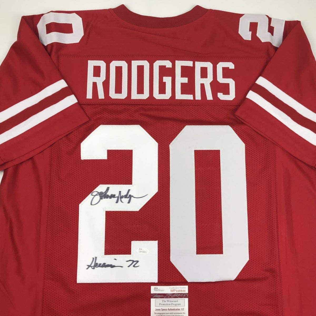 Autographed/Signed Johnny Rodgers Heisman 72 Nebraska Cornhuskers Red Football Jersey JSA COA