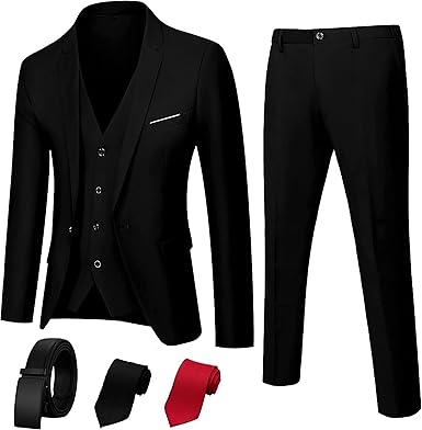 3 Piece MenŠ—Ès Suit, Slim Fit Stylish Jacket, Pants, Vest, 2 Ties, and Belt, Perfect for Weddings, Business and More