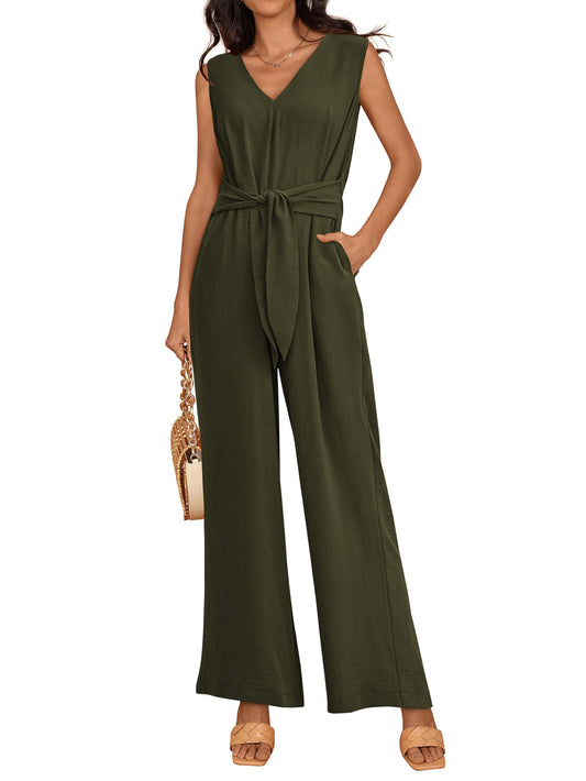 PRETTYGARDEN Summer Outfits 2024 Wide Leg Jumpsuits for Women Casual V Neck Sleeveless Belted High Waist Long Pants Rompers(Army Green,Small)