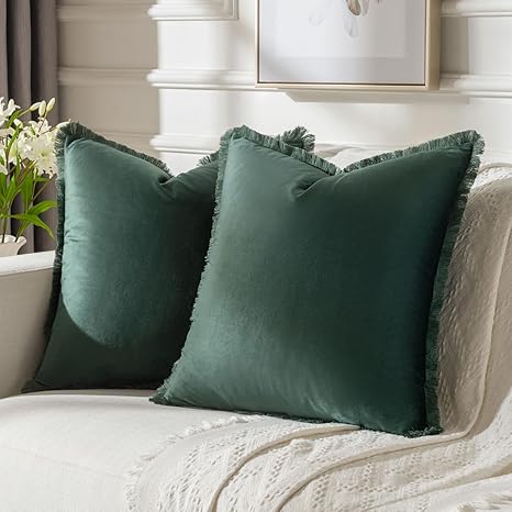FUTEI Army Green Boho Throw Pillow Covers with Tassels 18x18 Inch Set of 2, Soft Velvet Decorative Cushion Case, Home Decor for Couch Bed Living Room