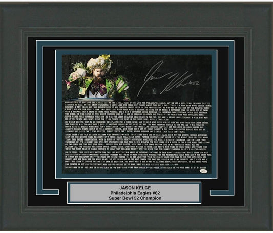 Framed Autographed/Signed Jason Kelce Super Bowl Parade Speech Transcript Mummers Philadelphia Eagles 16x20 Football Photo PSA/DNA COA