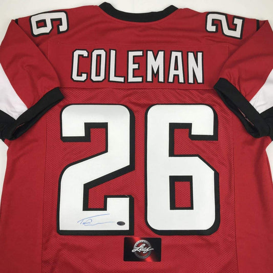 Autographed/Signed Tevin Coleman Atlanta Red Football Jersey Leaf Authentics COA