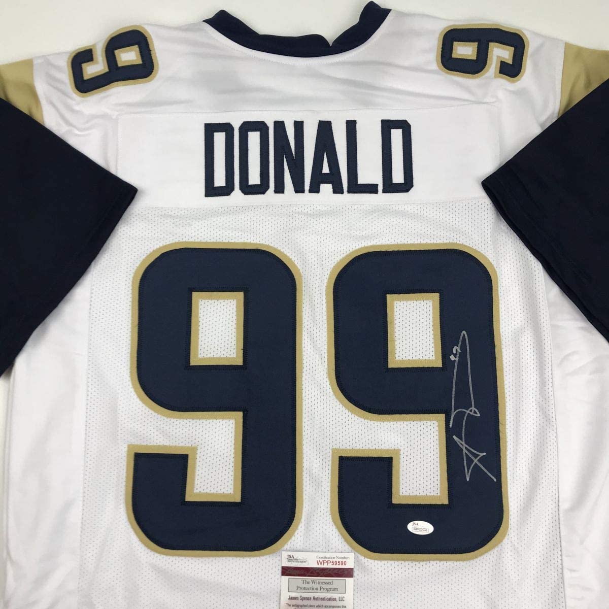 Autographed/Signed Aaron Donald Los Angeles White Football Jersey JSA COA