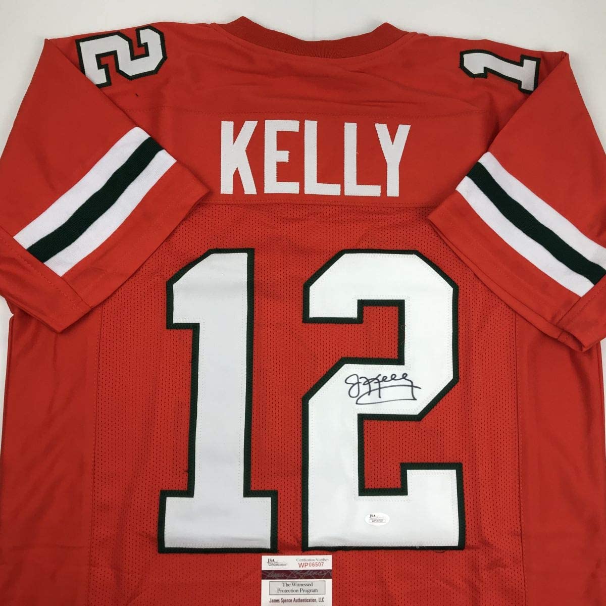 Autographed/Signed Jim Kelly Miami Orange College Football Jersey JSA COA