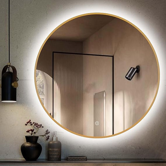 Niccy 32" Round LED Bathroom Backlit Mirror with Lights, Gold Frame Lighted Bathroom Vanity Mirror for Wall Circle Mirror with Anti-Fog, Light Up Mirror 3 Color ShatterProof