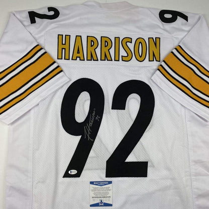 Autographed/Signed James Harrison Pittsburgh White Football Jersey Beckett BAS COA