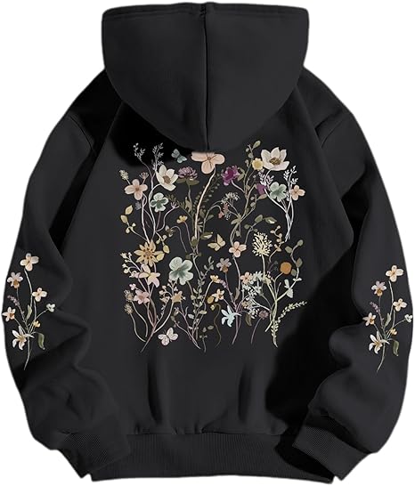 Women's Floral Printed Hoodies Vintage Aesthetic Flower Graphic Sweatshirt Cute Boho Fleece Thermal Hoodie Pullover