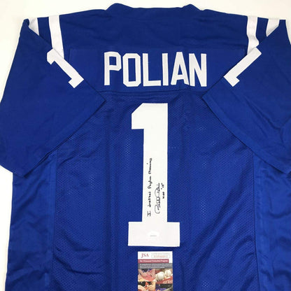 Autographed/Signed Bill Polian HOF 15 Indianapolis Blue Football Jersey JSA COA