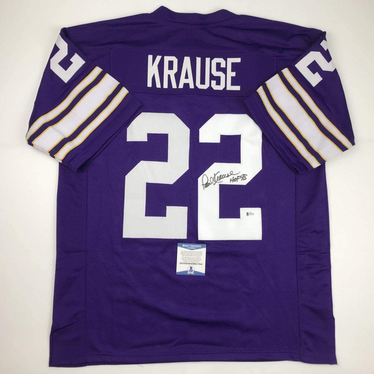 Autographed/Signed Paul Krause HOF 98 Minnesota Purple Football Jersey Beckett BAS COA