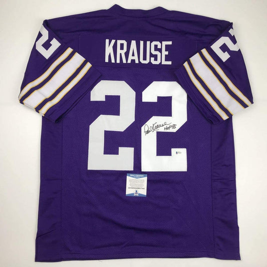 Autographed/Signed Paul Krause HOF 98 Minnesota Purple Football Jersey Beckett BAS COA