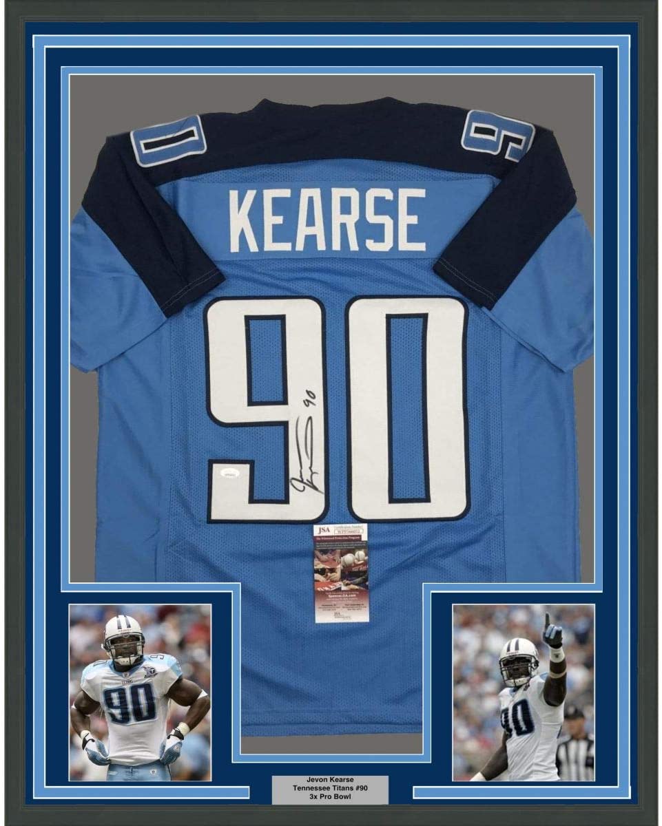 Framed Autographed/Signed Jevon Kearse 35x39 Tennessee Powder Blue Football Jersey JSA COA