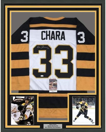 Framed Autographed/Signed Zdeno Chara 35x39 Boston White Retro Hockey Jersey JSA COA