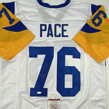 Autographed/Signed Orlando Pace St. Louis White Football Jersey JSA COA