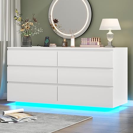 6 Drawer Dresser with Power Outlet, Floating White Dresser Chest of Drawer with LED Light, Modern Double Wide Drawer Organizer Cabinet for Bedroom, Living Room (White)