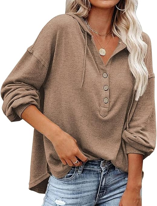 Chaos World Women's Hoodie Loose Fit Lightweight V-neck Sweatshirts Long Sleeve Henley Shirts