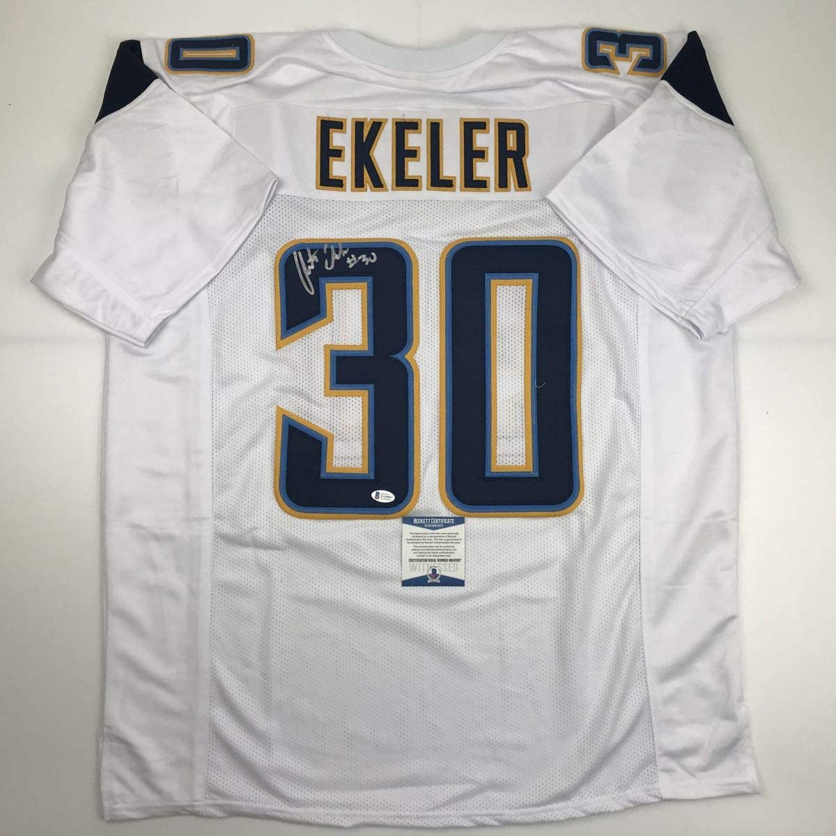 Autographed/Signed Austin Ekeler Los Angeles LA White Football Jersey Beckett BAS COA