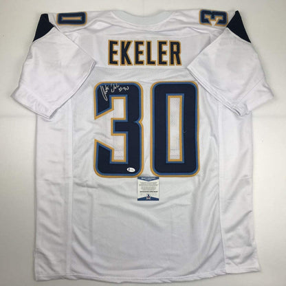Autographed/Signed Austin Ekeler Los Angeles LA White Football Jersey Beckett BAS COA