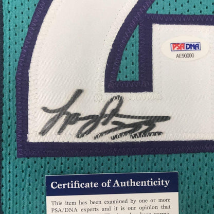 Framed Autographed/Signed Larry Johnson 35x39 Charlotte Teal Basketball Jersey PSA/DNA COA