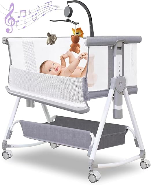 Baby Bassinet, 3 in 1 Baby Bassinets Bedside Sleeper with Musical Toy, Bedside Bassinet for Baby with Wheels and Storage Basket, All Mesh & Adjustable Height Bedside Crib for Newborn 0-6 Months (Grey)