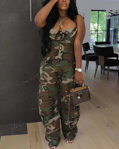 Voghtic Womens Camo Cargo Denim Jumpsuit Off Shoulder Sleeveless Loose Baggy Wide Leg Camouflage Rompers Overalls