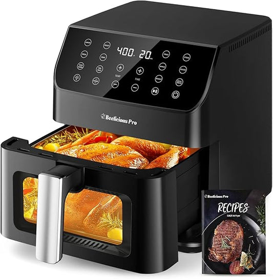 BeeliciousÎÂ 5.8QT Large Air Fryer, 12-in-1 Digital Airfryer with Clear Window, 40+ Recipes, Flavor-Lock Tech, Shake Reminder, Compact, Quiet, Dishwasher Safe, Nonstick, Fit for Family of 2-5, Black